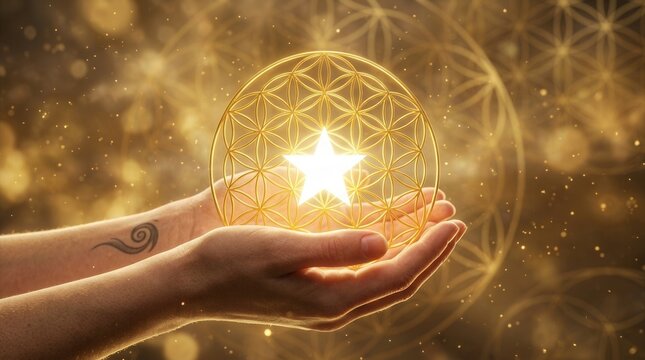 Shining star between spiritual hands set against a golden Flower of Life backdrop for holistic healing.