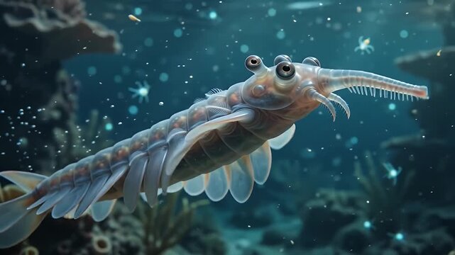 Ancient Cambrian marine creature with multiple eyes swimming in deep ocean, prehistoric life, detailed 3D render