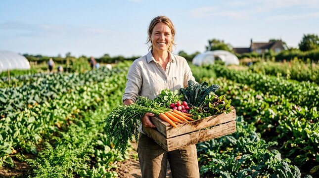organic farming practices, a smiling female farmer presents a wooden crate brimming with vibrant vegetables