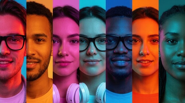 A group of people in cropped portraits on a multicolored background in neon light, organized as a collage made of 7 models.