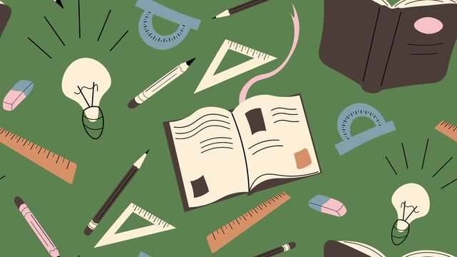 Seamless looping animated hand drawn pattern of school supplies like books, rulers and pencils scrolling on a green background. Ideal for education, creativity, and back to school marketing themes.