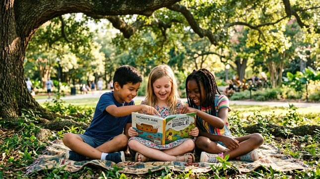 Three multicultural children sitting on blanket under large oak tree in park reading children's Bible book together, representing friendship and Sunday school.