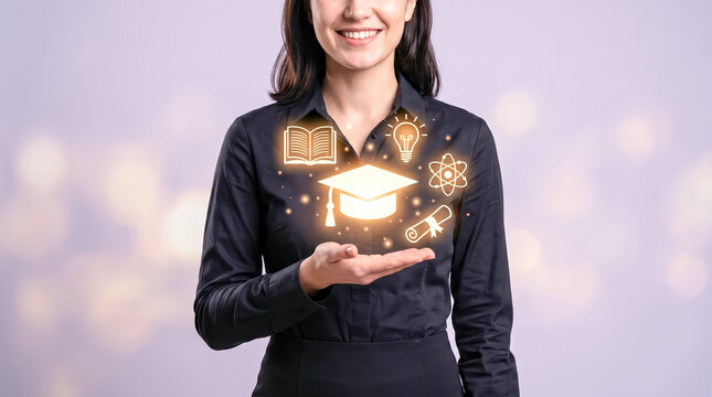 Professional woman holding futuristic graduation icons symbolizing education, innovation, and career success