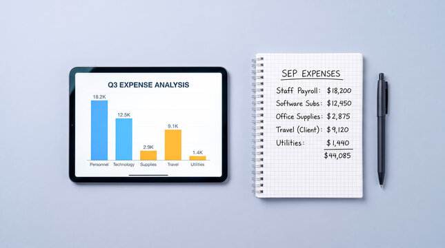 Q3 Expense Analysis Chart on Tablet with Handwritten Notebook Showing Business Budget Breakdown