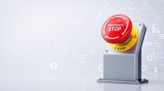Red emergency stop button with E-STOP label on metallic industrial panel for safety systems