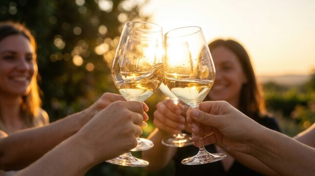 Female friends in a clique cheering with glasses of white wine during sunset, close-up view.