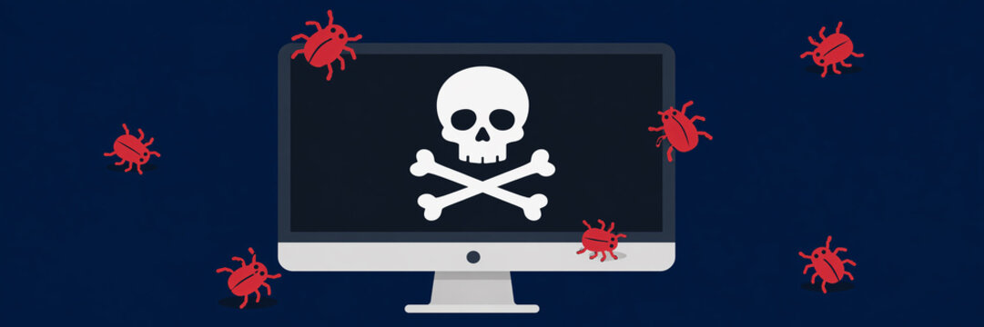 Computer showing skull and crossbones warning for malware infection