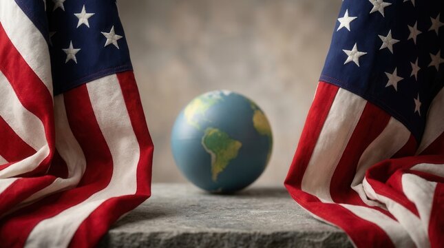 A Planet Earth globe revealed through dramatically opening American flags, representing patriotism, world affairs, and US global power