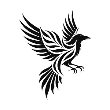 Tribal style raven in flight with flowing wing feathers and sleek lines silhouette streamlined