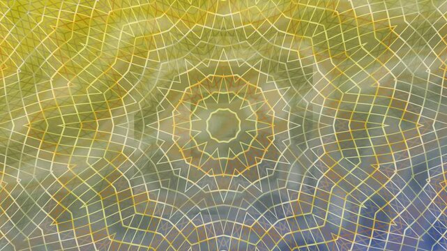 Elegant golden wireframe mandala featuring symmetrical geometric lines with soft metallic gradients and kaleidoscope motion.