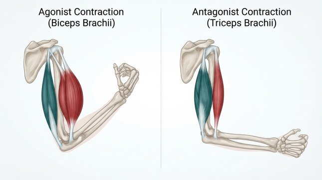 This shows agonist and antagonist muscle contractions of the biceps brachii and triceps brachii for understanding muscle function in sports injuries.