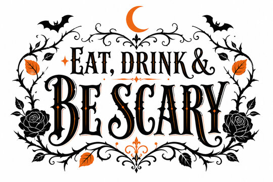 Elegant gothic rose and vine border surrounds eat drink and be scary calligraphy with crescent moon for Victorian style halloween stationery.