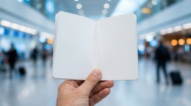 Empty pages for copy space in a blank open passport booklet held by a hand at an airport terminal