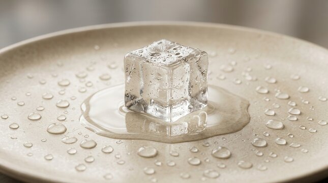 Melting ice cube on a plate with water droplets and condensation, demonstrating a temperature and phase change concept