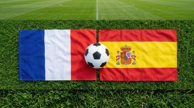 International football match semifinals in Arlington featuring national flags of France and Spain with football on green grass.