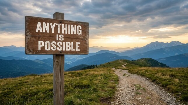 Signpost with anything is possible text on a mountain path during sunset, symbolizing an optimistic future vision and new opportunities