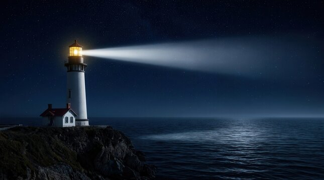 At night, the lighthouse beam dances like a silver wand over the dark ocean.