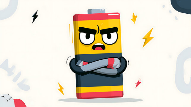 Angry battery mascot with empty power level showing frustration and low energy concept