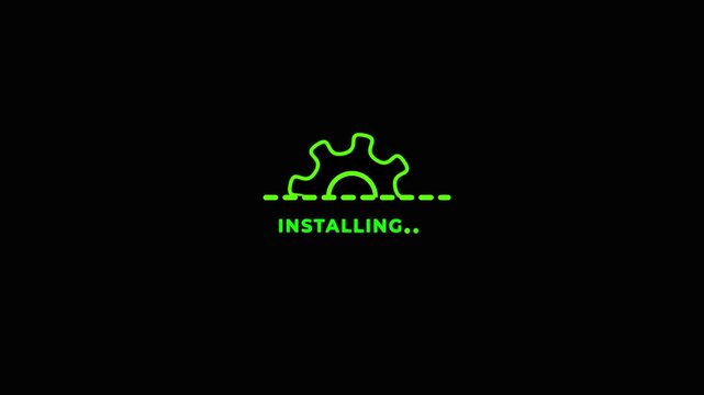 Installing gear icon animation on black background, software setup progress indicator, technology system installation UI loop.