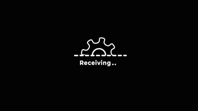 Receiving gear icon animation on black background, data reception progress indicator, technology network communication UI loop