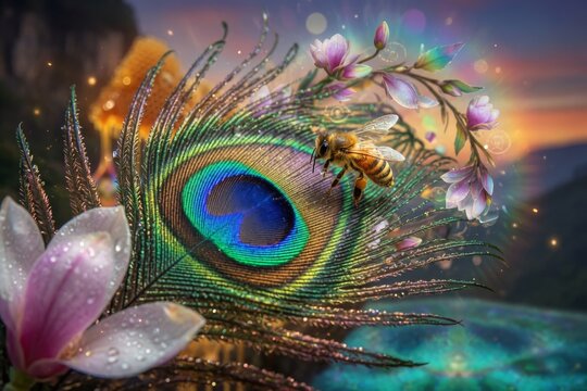 Ape laboriosa su una piuma di pavone circondata da fiori di magnolia e luce magica