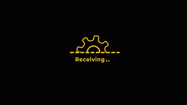 Receiving gear icon animation on black background, data reception progress indicator, technology network communication UI loop