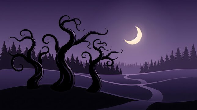 Eerie dark landscape with twisted leafless trees under a crescent moon in a quiet night forest