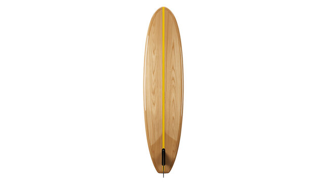 Classic wooden surfboard with yellow stripe and fin isolated on transparent background.