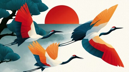 Fototapeta premium Japanese New Year illustration with flying cranes and red sun in sumi e ink brush style