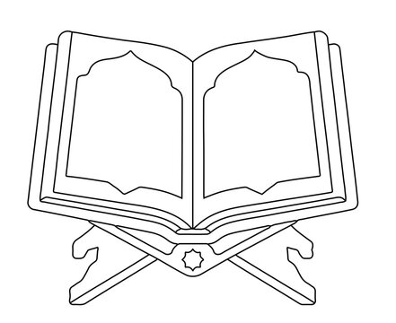 Open Quran book on a wooden rehal stand, simple line art vector illustration, black and white outline, isolated on white background, Islamic religious education graphic resource