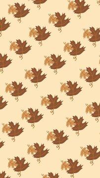 Seamless autumn pattern of brown maple leaves on warm cream background in abstract vertical backdrop for fall season banner and Thanksgiving decoration concept.