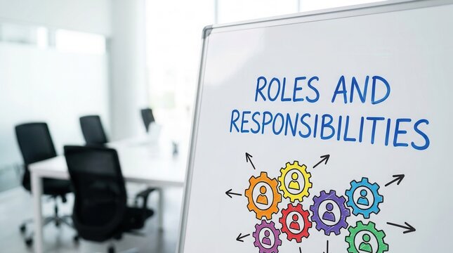 Corporate meeting room whiteboard with Roles and Responsibilities business concept written on it