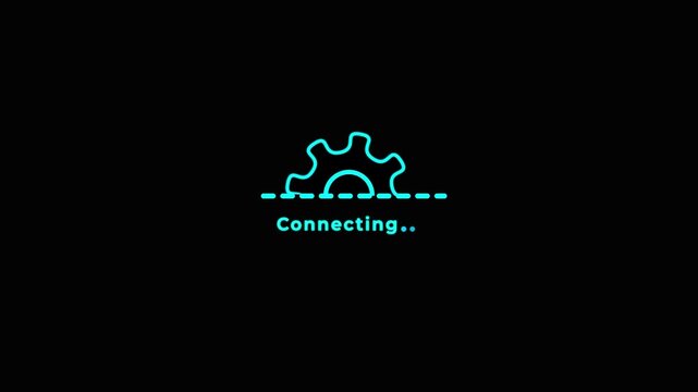 Connecting gear icon animation on black background, system connection progress indicator, technology network setup.