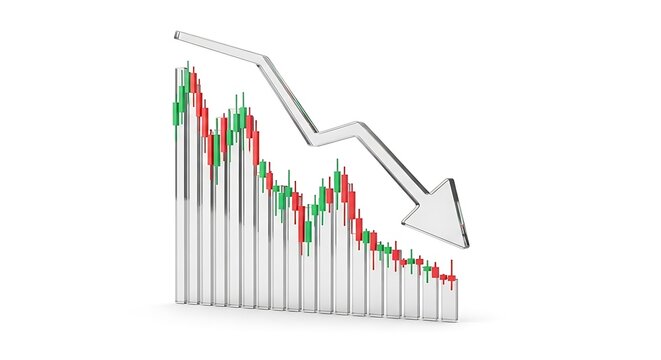 Transparent 3D stock market candle stick chart showing a downward trend with a decreasing price arrow indicator isolated on a white background candlestick downward analysis business