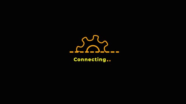 Connecting gear icon animation on black background, system connection progress indicator, technology network setup.