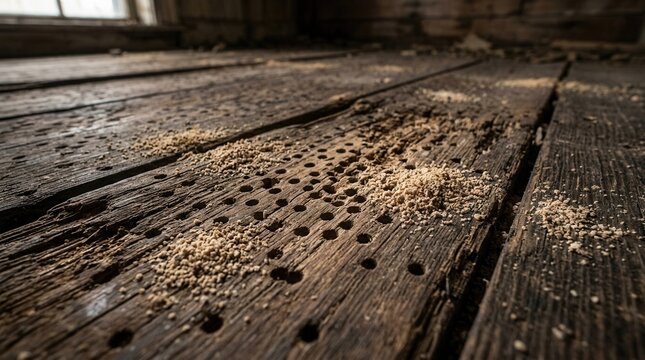 Severe woodworms and pest damage on wooden floorboards, featuring a decaying timber surface with frass and holes