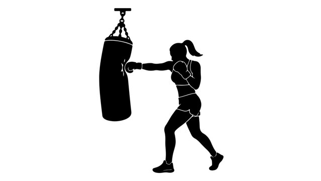 Female boxer silhouette training with a punching bag, dynamic black and white vector illustration, isolated on white background, for fitness and sport designs