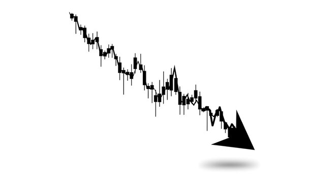 Minimalist stock market crash illustration with black candlestick chart and downward pointing arrow representing financial crisis and trading loss financial business recession