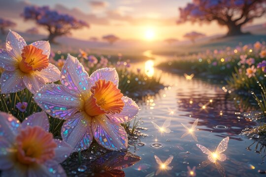 Narcisi iridescenti e farfalle luminose lungo un fiume incantato al tramonto