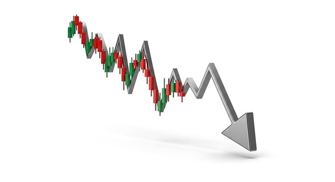 Financial candlestick chart showing market downtrend with red arrow pointing downwards downtrend investment business recession analysis statistics decrease exchange corporate