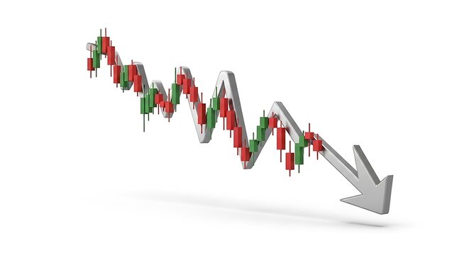 Candlestick financial chart displaying a downward trend with a silver arrow representing economic decline and market loss on a plain white surface candlestick downward business
