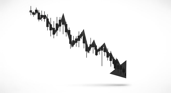 Black and white financial stock market downtrend chart with sharp drop and arrow downtrend business negative downward financial analysis recession decrease accounting economic