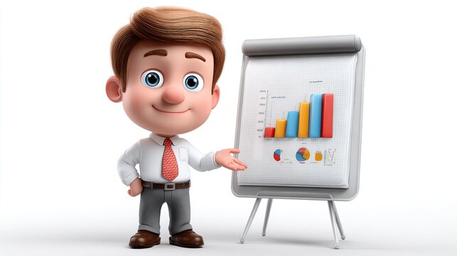 Animated Business Presentation: A cheerful cartoon businessman with a tie and shirt presents a flip chart with rising bar graphs and pie charts, indicating growth and analysis.