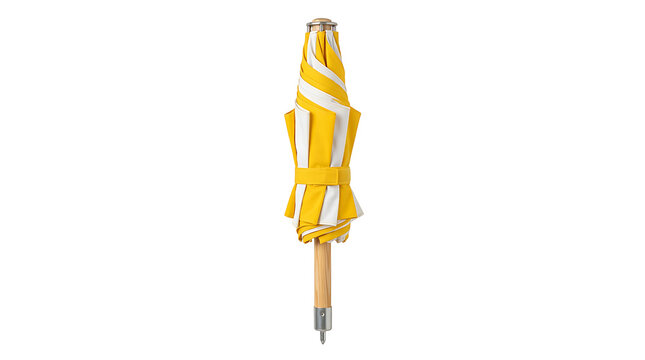 Folded yellow and white striped beach umbrella on transparent background