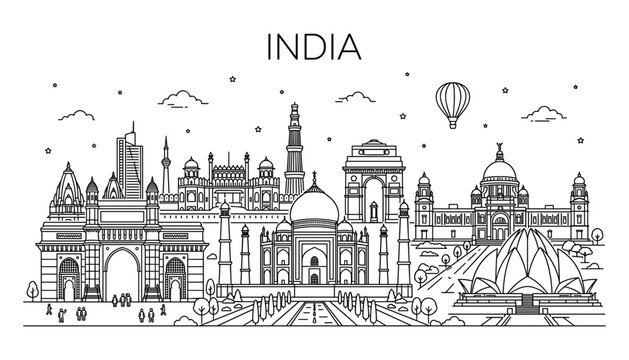India city landmark skyline linear panorama featuring taj mahal gateway lotus temple india gate and historical monuments