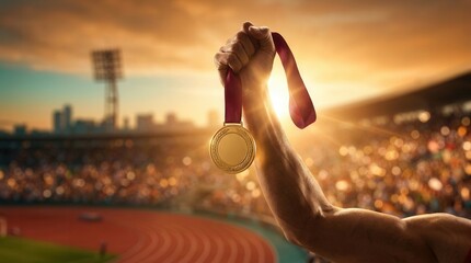 Fototapeta premium A gold medal held high by an athlete's hand over a stadium crowd at sunset, celebrating achievement, success, and victory