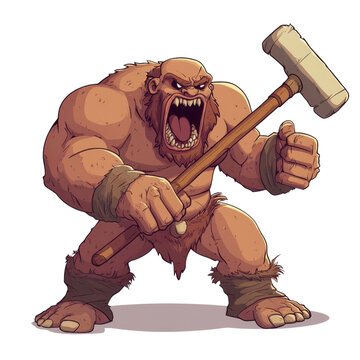 Fierce Fantasy Cave Troll with Stone Hammer Transparent PNG Illustration
