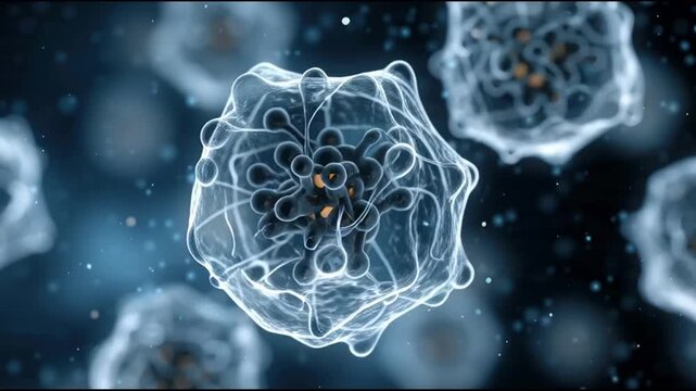 Microscopic view of glowing blue virus cells under a microscope