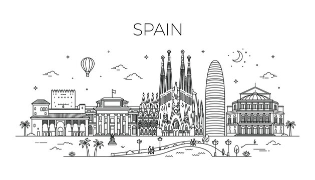  Spain landmark skyline linear panorama featuring sagrada familia alhambra agbar tower and historical city monument outlines