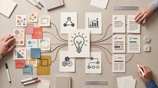 Brainstorming strategy concept with lightbulb and connected sticky notes illustrating creative project planning and mind mapping workflow